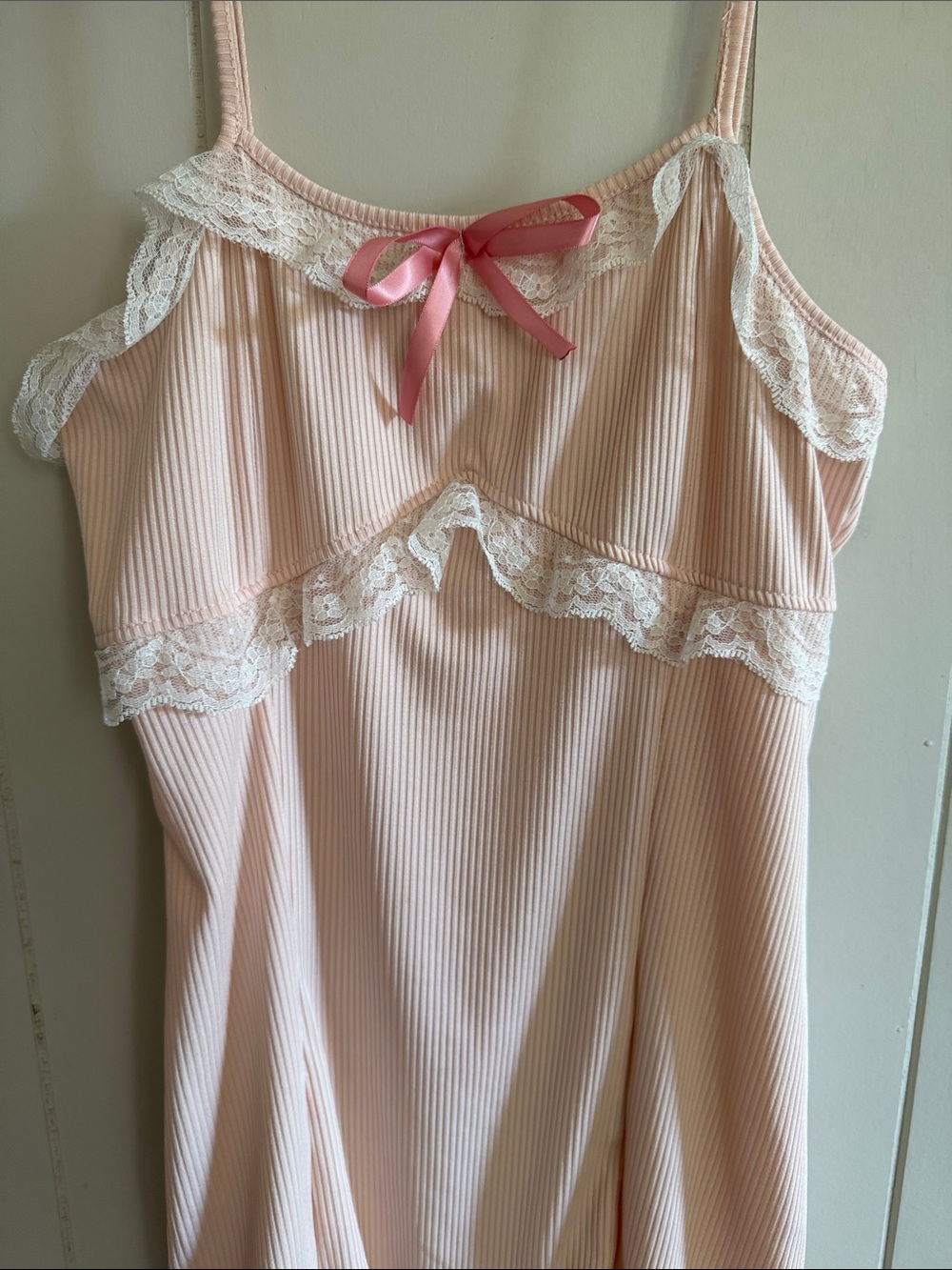 Coquette Cottagecore Pink Ribbed Lace-Trim Slip Dress Soft Girl Size Small - Picture 3 of 12